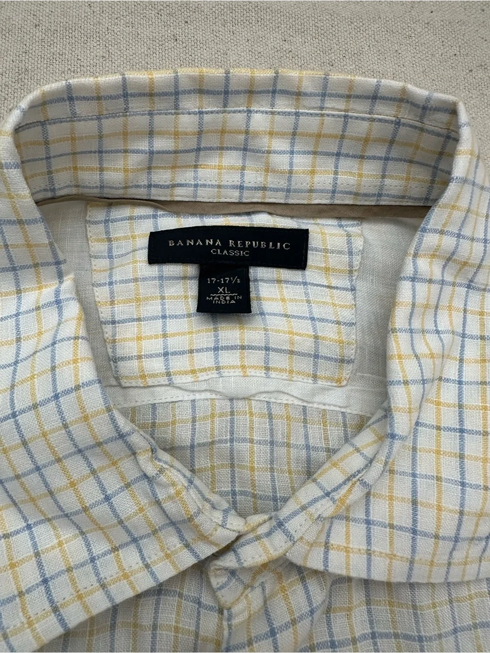 Banana Republic Mens XL 100% Linen Plaid Button Down Shirt Blue Yellow Classic